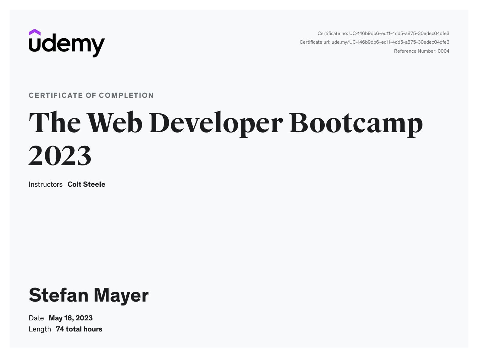 The Web Developer Bootcamp 2023 badge