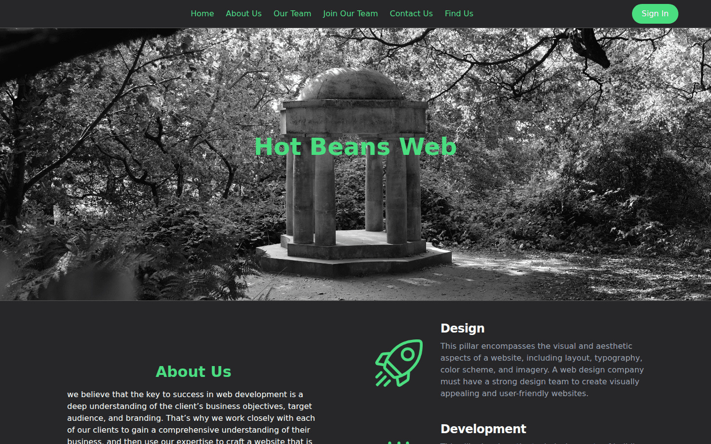 Hot Beans Web homepage with a black and white photo of a stone gazebo and a green headline