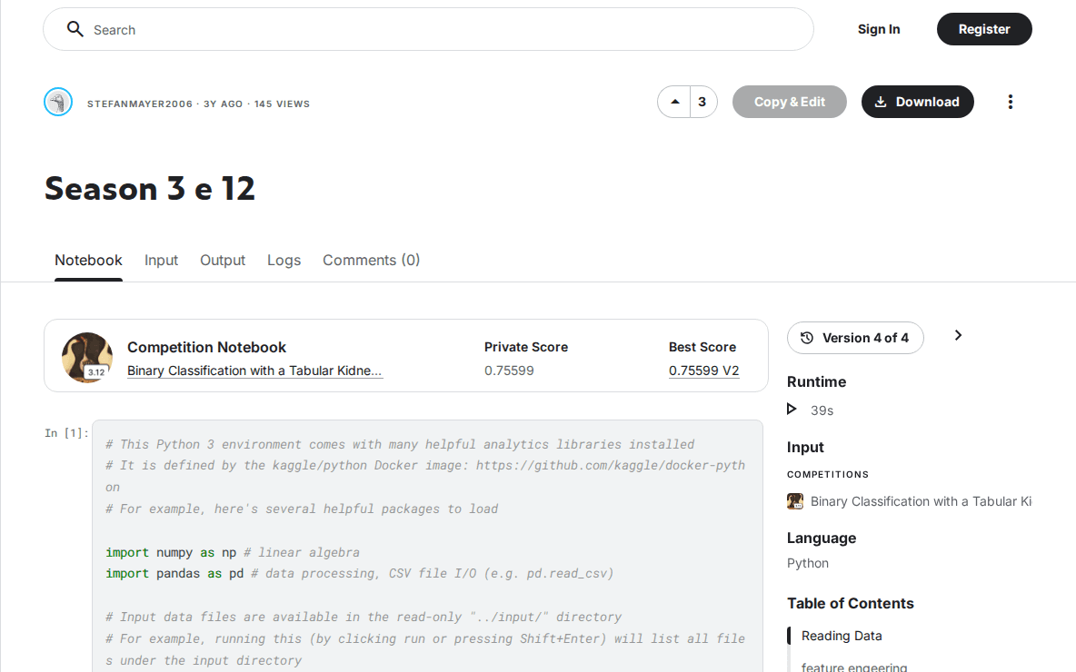 Kaggle competition page for binary classification with a tabular kidney stone prediction dataset