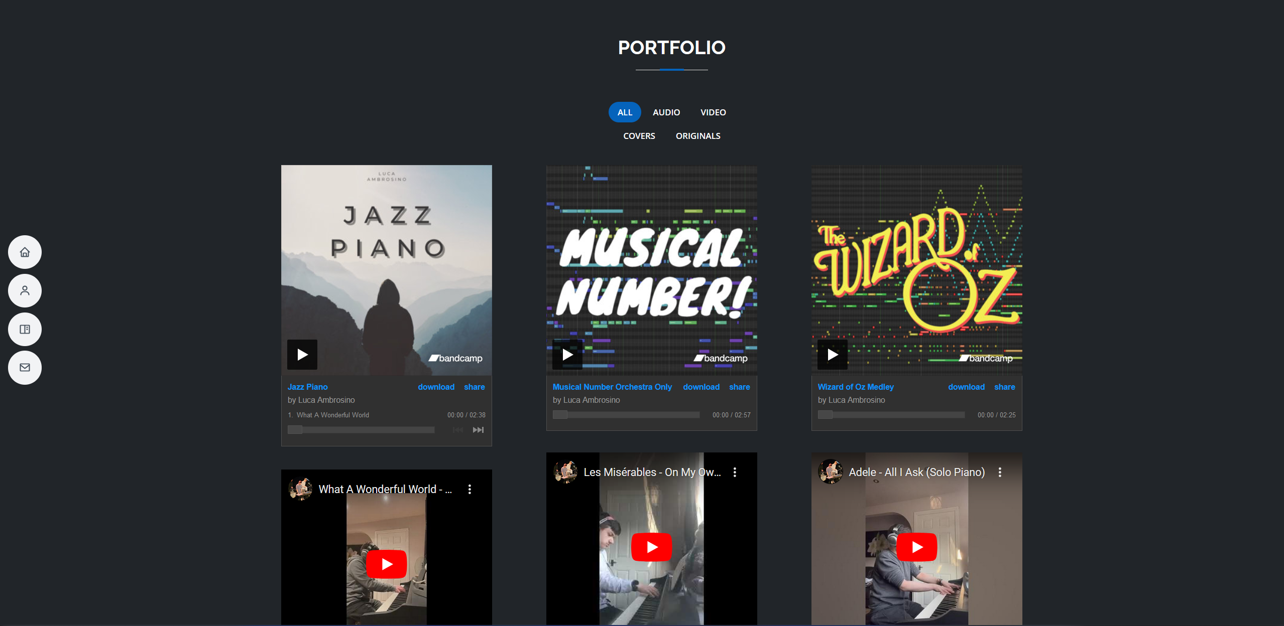 The portfolio page, with performances embedded from YouTube and Bandcamp
